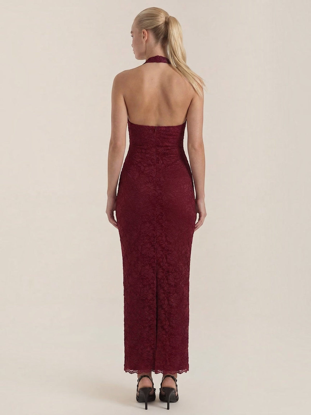 Vestido Largo de Encaje Mujer con Cuello Halter - Vista 4