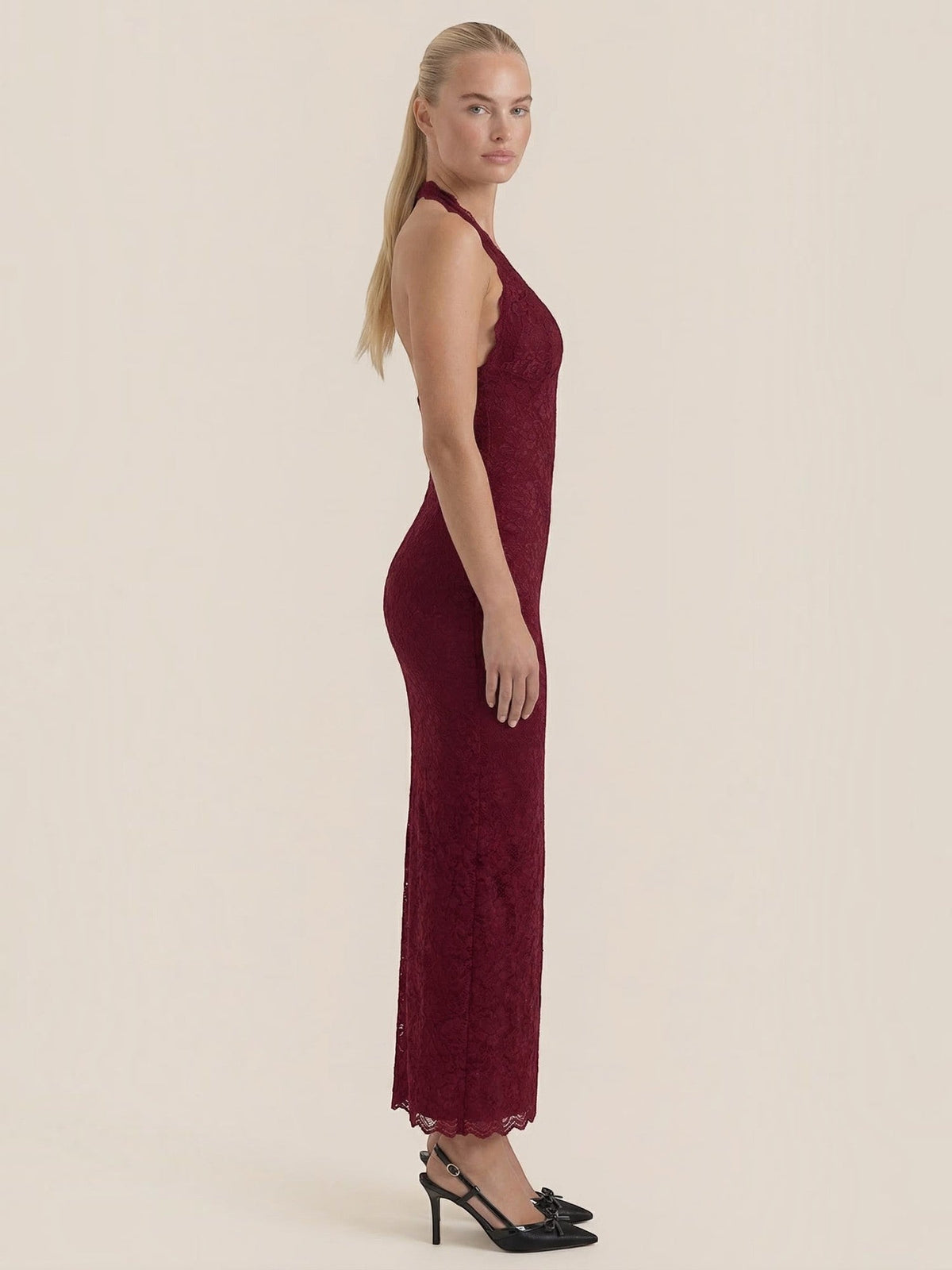 Vestido Largo de Encaje Mujer con Cuello Halter - Vista 2