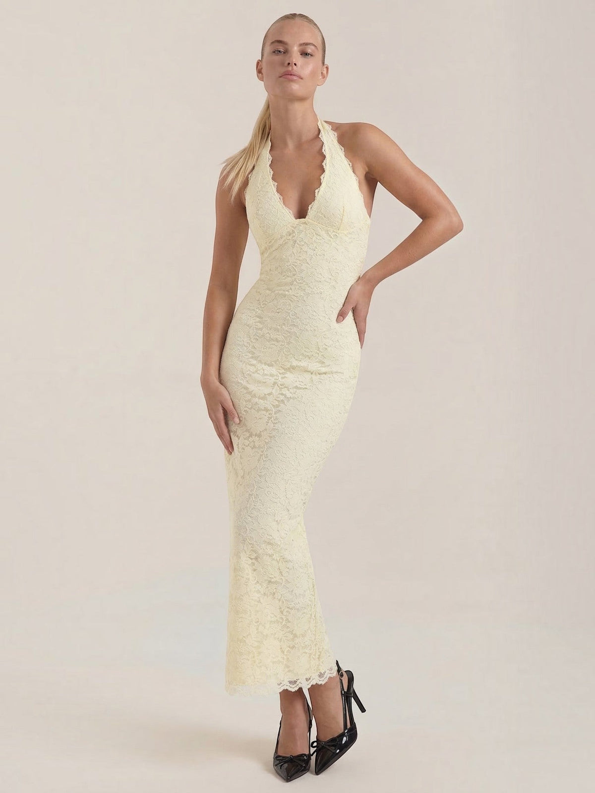 Vestido Largo de Encaje Mujer con Cuello Halter - Vista 11