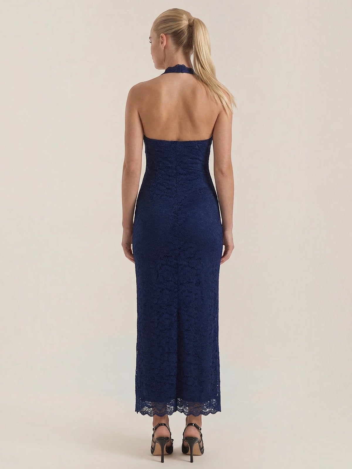 Vestido Largo de Encaje Mujer con Cuello Halter - Vista 9