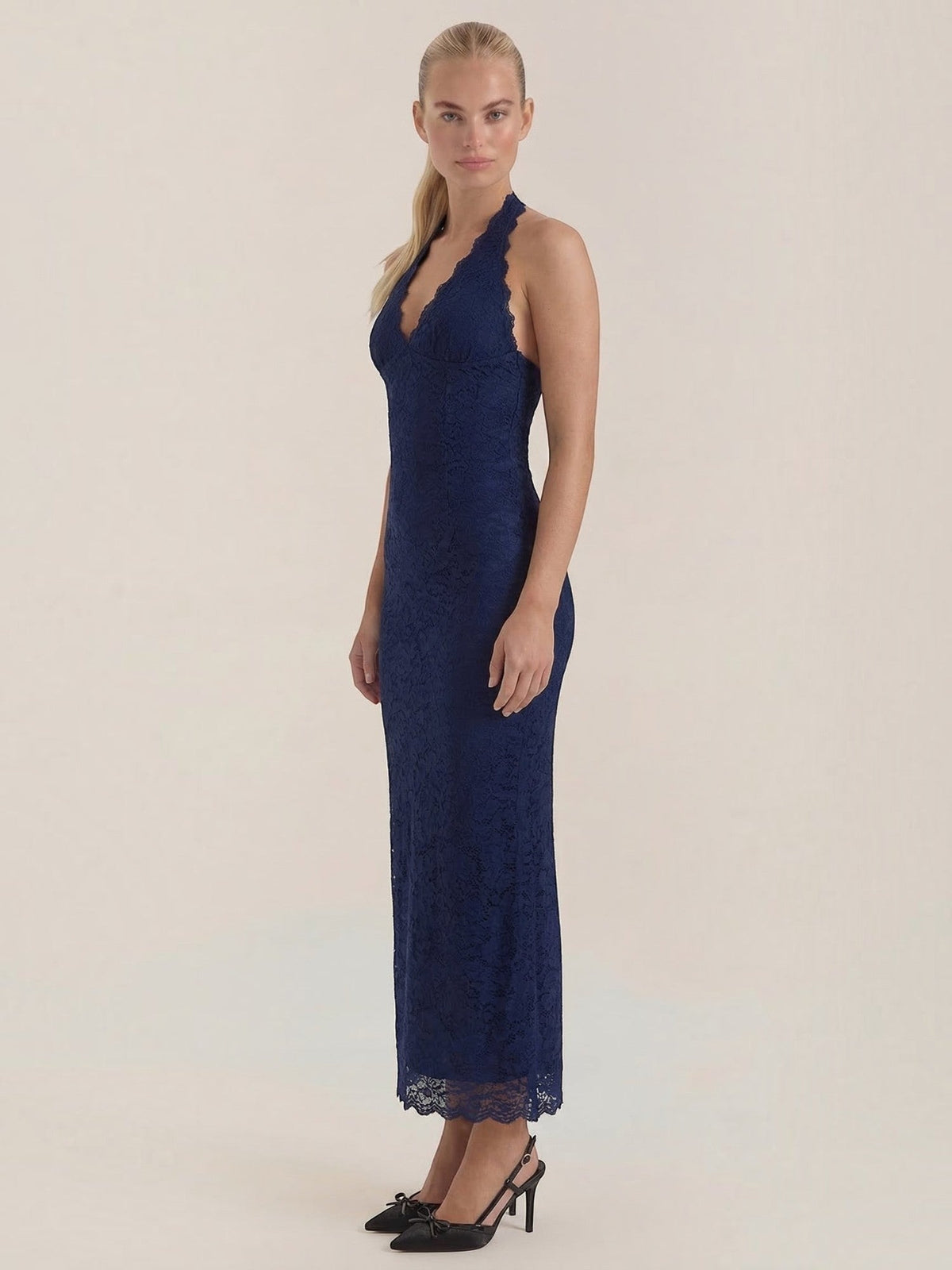 Vestido Largo de Encaje Mujer con Cuello Halter - Vista 7