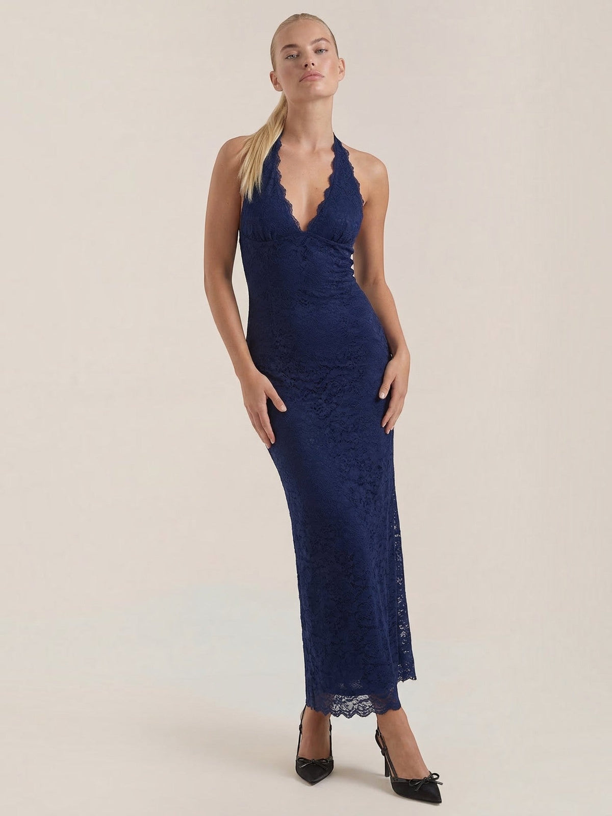 Vestido Largo de Encaje Mujer con Cuello Halter - Vista 6