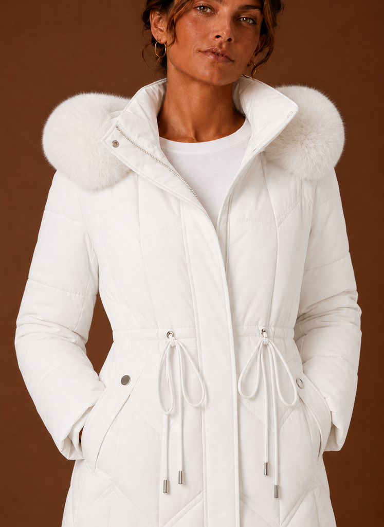 Plumífero Largo Mujer Capucha Ribeteada Elegante