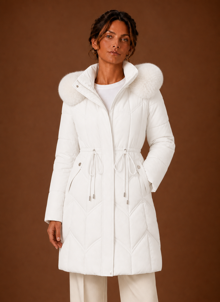 Plumífero Largo Mujer Capucha Ribeteada Elegante
